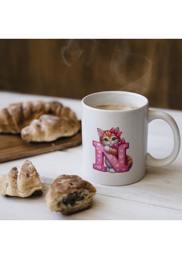 N Harfli Bardak, Sevimli Kedili Pembe Tasarım Bardak, Arkadaşa Aileye Hediye Porselen Beyaz