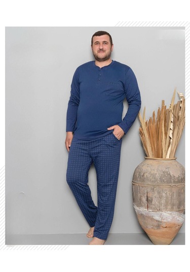 Pijamoni Erkek Battal Düğme Yaka Penye Uzun Kol Pijama Takımı 6720/9 - 1 Adet Mavi