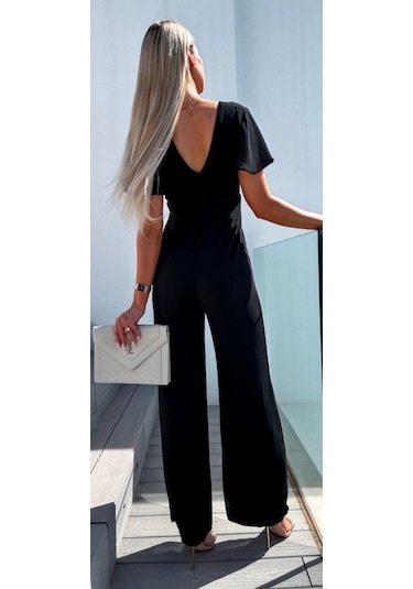 Leyla Sanat Sanata Yeni Bir Bakış Açısı Kadın Kısa Kollu Kruvaze Yaka Sırt Dekolteli Pegasus Kumaş Tulum Siyah