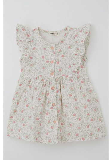 Breeze Kız Çocuk Elbise Çiçek Desenli Önden Düğme Detaylı 2-6 Yaş, Ekru Ekru