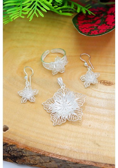 Midyat Nurtaş Gümüş Çiçek Model Kadın 925 Ayar Gümüş Telkari Üçlü Set 201022186