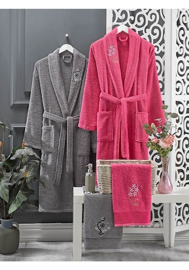 4 Parça Aile Bornoz Seti Kadın Erkek Havlulu Bornoz Takımı 100 Fu (516049343)