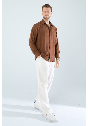 Rahat Kesim Keten Dokulu Gömlek Koyu Kahve