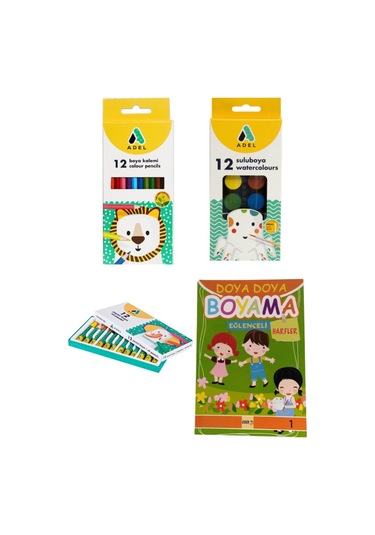Pastel Boya + Uzun Kuru Boya + Sulu Boya + Harfler Boyama Kitabı Boyama Seti