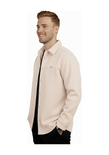 Deepsea Erkek Krem Likralı Rahat Kalıp Cepsiz Kaşe Ceket Çıt Çıtlı, Esnek Şık Model Ceket 0760 Krem