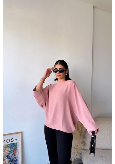 Kadın Pudra Airobin Yarasa Duble Kol Salaş Bluz Ekstra Oversize Yuvarlak Yaka - Tesettüre Uygun Pudra