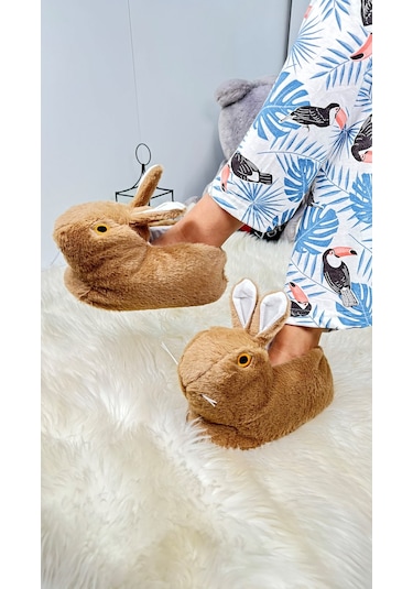 Kadın Panduf Tavşan Figürlü Peluş Ev Botu Desenli Düz Taban Rahat Hafif 359 Kahve