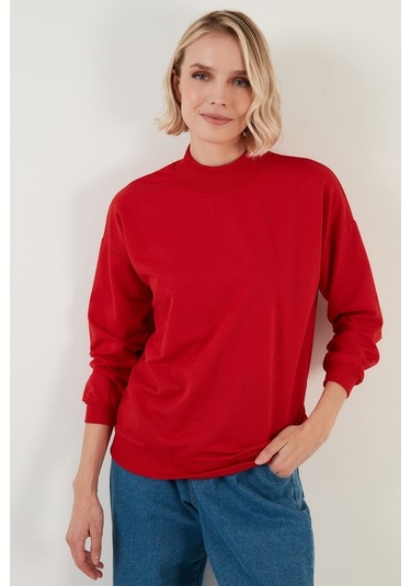 Lela Pamuklu Dik Yaka Basic Örme Bayan Sweat 5863323 Kırmızı