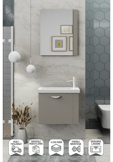 Biani Fix Maxila 60 cm Banyo Dolabı,Seramik Lavabolu, Aynalı,Lavabo Dahil,Mdf,Latte Biani Fix Maxila 60 cm Banyo Dolabı,Seramik Lavabolu, Aynalı,Lavabo Dahil,Mdf,Latte