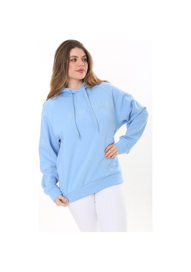 Kadın Büyük Beden Bebe Mavisi İçi Şardonlu 3 İplik Kumaş Kapşonlu Sweatshirt 65n37575-bebe Mavisi Bebek Mavisi