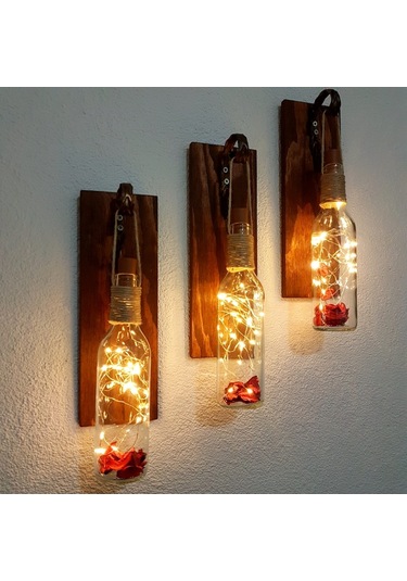 Led Işıklı, Ceviz Renkli Duvar Aplik, 3’Lü Set