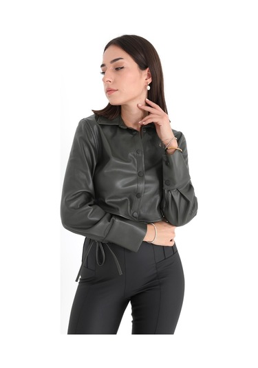 İçi Kadife Bağcıklı Kadın Kısa Deri Gömlek - Haki-haki Haki