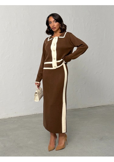 Kadın Inci Düğmeli Etekli Triko Takım Kahverengi