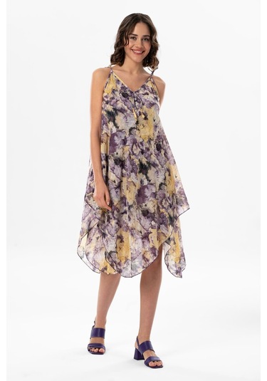 Kadın Askılı Vual Afrodit Midi Boy Yazlık Elbise Batik Mor 6207 Mor