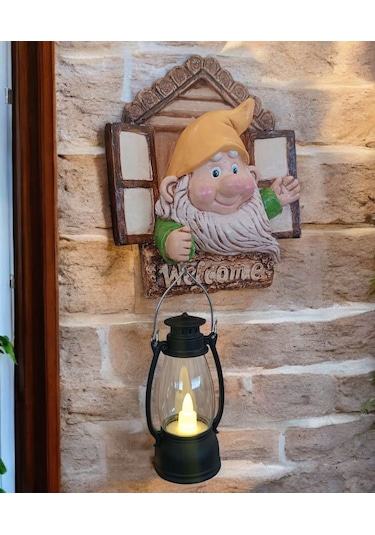 1 Adet Dekoratif Duvar Ve Bahçe Süsü Fenerli Sevimli Cüce Sarı
