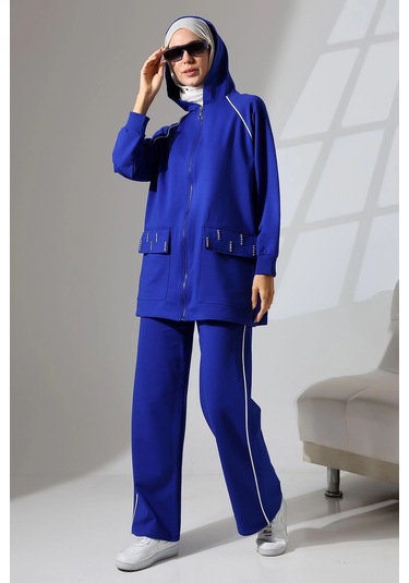 Kadın Saks Mavisi Mevsimlik Penye Alt Üst Spor Ve Rahat Ikili Tunik Pantolon Şık Tesettür Takım Saks Mavisi