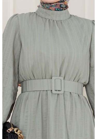Kolu Volanlı Kemerli Henna Elbise-mint Yeşili-5055 Mint Yeşili