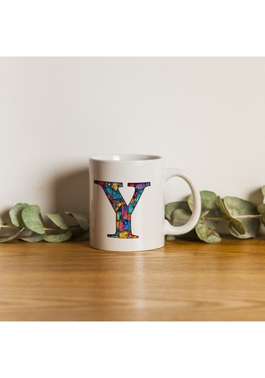 Y Harfi Bardak 330 Ml İsme/harfe Özel Hediye, Renkli Harf Tasarım Beyaz