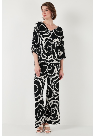 Lela Desenli Regular Fit Truvakar Kol V Yaka Alt-Üst Bayan Takım 5865357 Siyah