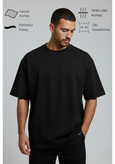 Allunique Erkek Pamuklu Oversize Bisiklet Yaka Siyah T-shirt