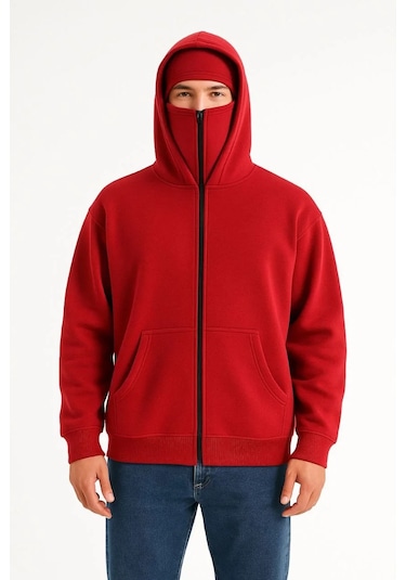 Samuray Ninja Çift Kapşonlu Zıp Fermuarlı Kanguru Çepli Tam Fermuarlı Hoodie Swetshirt - Kırmızı Kırmızı