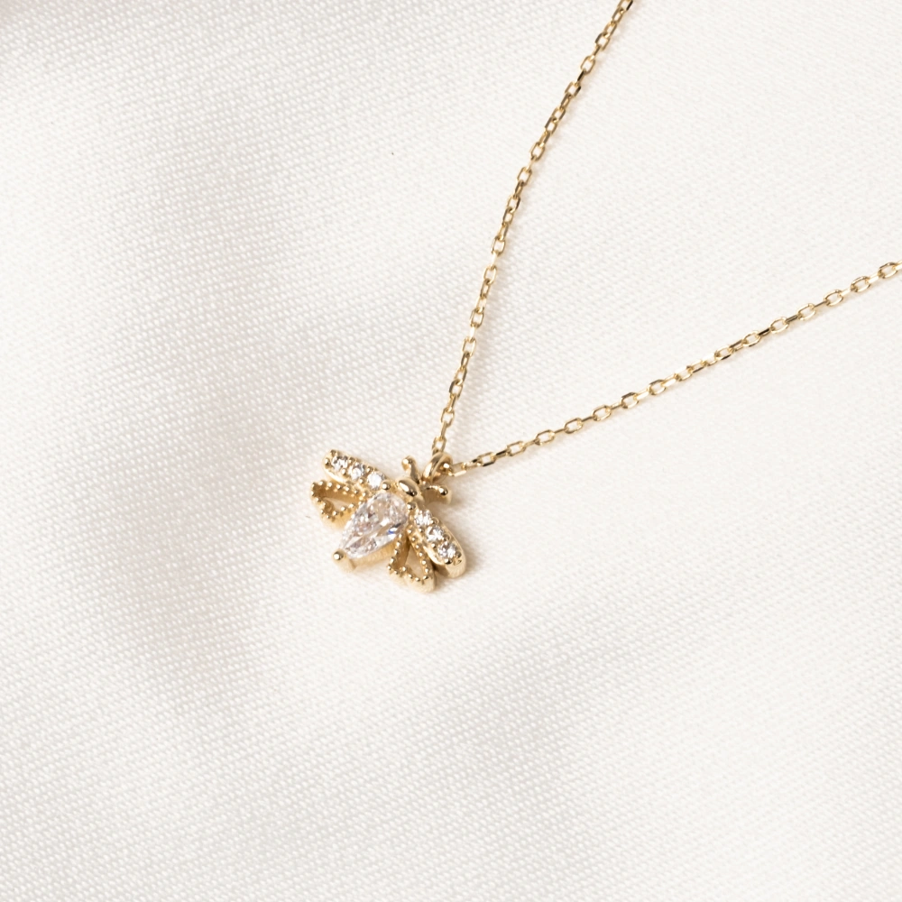 Gümüş Kolye - Oval Zirkon Taşlı Arı 925 Ayar Gümüş Kolye Sarı