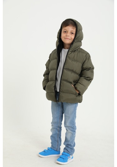 Erkek Çocuk Haki İçi Polarlı Kapüşonlu Su Geçirmez Rüzgara Dayanıklı Cepli Şişme Kışlık Mont Haki