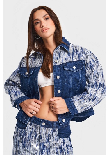 Kadın Mavi Renk 1w5-4 Oversize Pullu Özel Kumaş %100 Koton Tasarım Denim Ceket