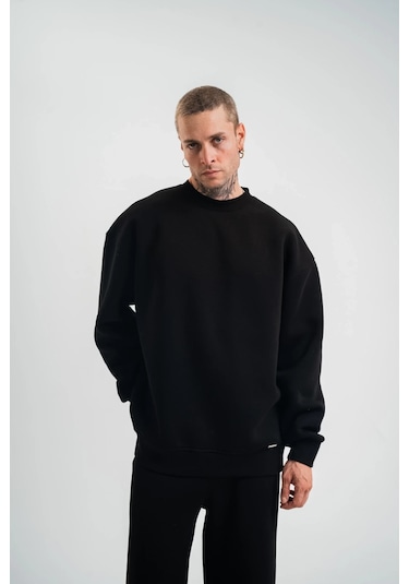 Erkek Uzun Kol Bisiklet Yaka 3 İplik Pamuklu Kışlık Sweatshirt - Siyah Siyah