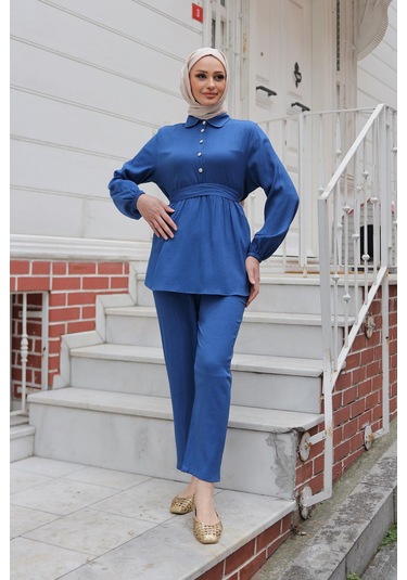 Taş Düğme Detaylı Takım İndigo I Ndigo