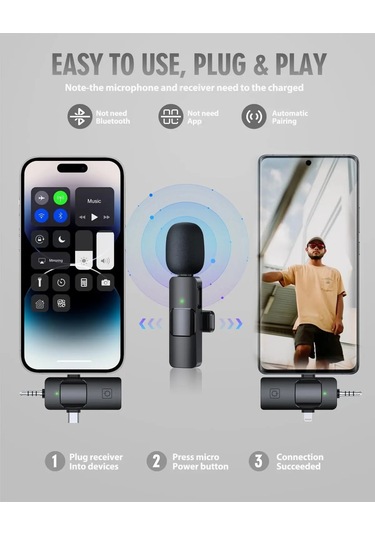 İphone Uyumlu Android İçin 3'ü 1 Arada Kablosuz Mikrofon Kablosuz Yaka