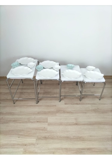 Evko Mobilya Buket Sehpa, 4'lü Zigon Sehpa, Dörtlü, Krom-beyaz