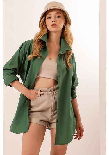 Bigdart 3900 Oversize Uzun Basic Kadın Gömlek Zümrüt Yeşili 001