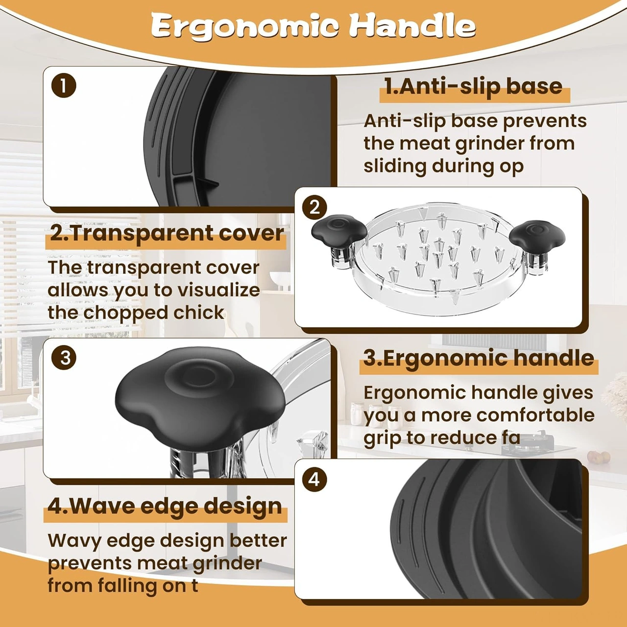 Kosona Kahverengi Tavuk Dilimleyici, Cam Kapağı, Ergonomik Saplı, Taze Et Kesici Aleti, Paslanmaz Çatal Ve Nilon Fırça İle Tam Set Siyah