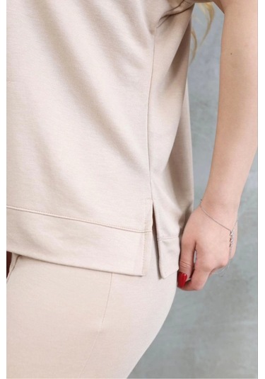 Ge Ticaret Osy Modal Yumuşak Dokulu Kumaş Bisiklet Yaka Kısa Kollu Takım - Bej Bej