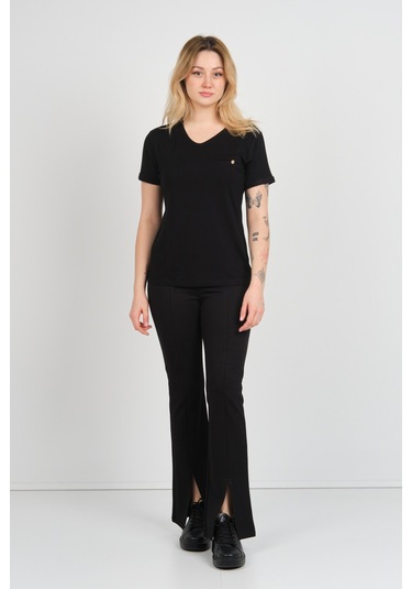 Sistas Kadın Kısa Kollu Süs Cep Detaylı Duble Kol Bluz 4110 Siyah Siyah