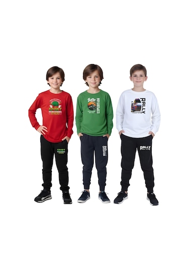 3'lü Erkek Çocuk Baskı Detaylı Sıfır Yaka Alt-üst Takım Çok Renkli
