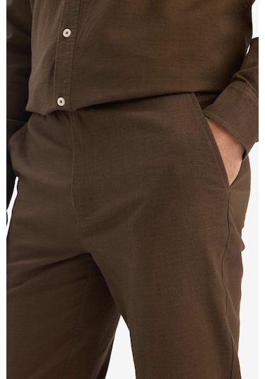 Defacto %100 Pamuk Slim Fit Beli Lastikli Keten Görünümlü Cepli Düz Paça Jogger Pantolon D2671ax25aubn534 Kahve