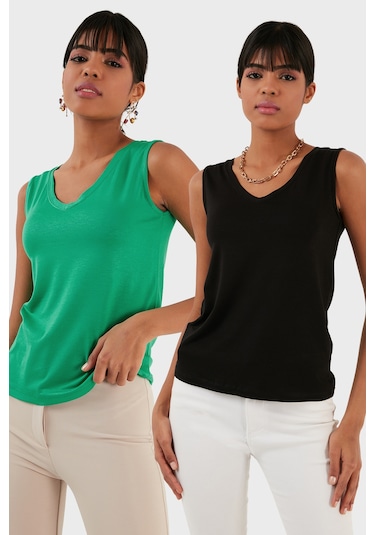 Lela Slim Fit V Yaka Kalın Askılı 2' Li Paket Bayan Bluz 5864384S2 Siyah-Benetton