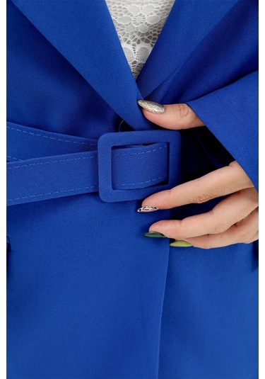 Düşük Omuz Kemerli Atlas Kumaş Blazer Ceket - Saksmavisi-saksmavisi Saks Mavisi