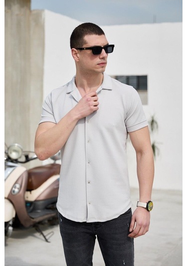 Gri Renk Dokulu Kısa Kol Erkek Gömlek-1584 Gri