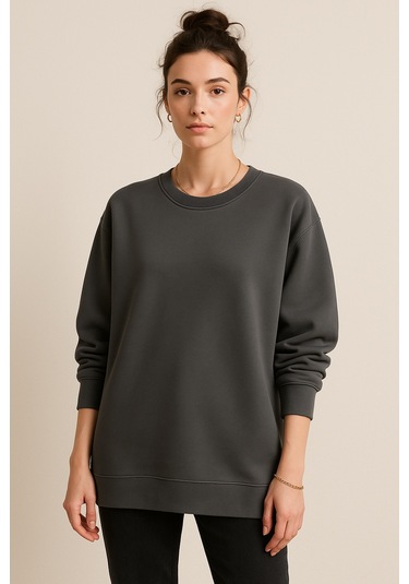 Kadın Füme Bisiklet Yaka Oversize Sweatshirt Füme