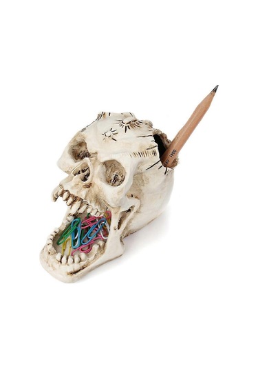 Kafatası Baş Süsü İskelet Kalemlik Masaüstü Kalem Düzenleyici Makyaj Fırçası Araçları Depolama Beyaz