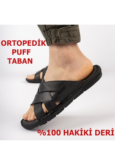 Ayakkabiburada 034 Günlük Tam Ortopedik Hakiki Deri Erkek Terlik Puff Taban Siyah