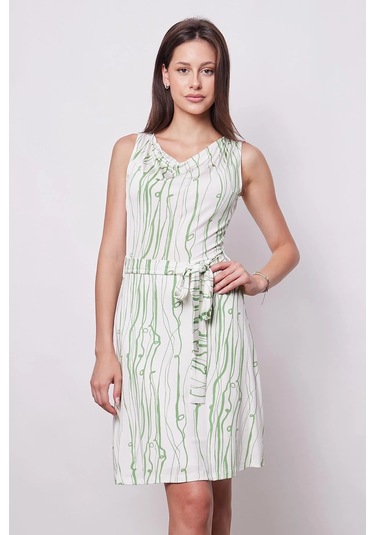 Kadın Desenli Degaje Yakalı Kolsuz Eteği Kiloş Likralı Hafif Parlak Kumaş Elbise-mint Desen Mint Dsn.