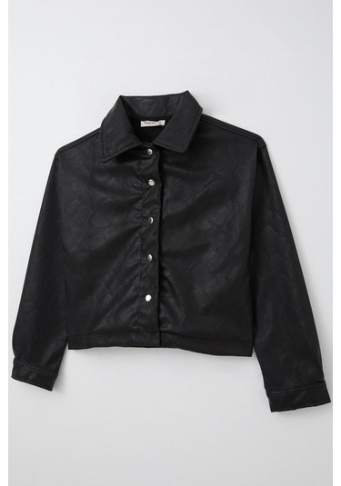 Breeze Kız Çocuk Deri Ceket Çıtçıtlı Desenli 9-14 Yaş, Siyah Siyah