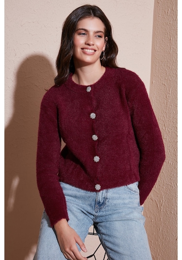 Lela Fitted Fit Bisiklet Yaka Yumuşak Dokulu Crop Bayan Hırka 4615559 Bordo