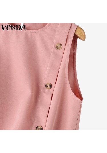 Vonda Kadın Yaz Yuvarlak Yaka Kolsuz Düğmeli Düz Renk Günlük Tank Pembe