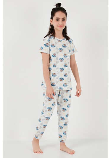 Lela % 100 Pamuk Bisiklet Yaka Kısa Kollu Kız Çocuk Pijama Takımı 6651004 Ekru-Mavi