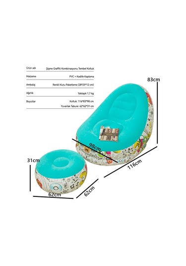 Snapbuy Şişme Koltuk, Ayak Dayamalı, İç Dış Mekan Kullanımına Uygun, Kadife Kaplamalı Berjer 2'li Set Mavi